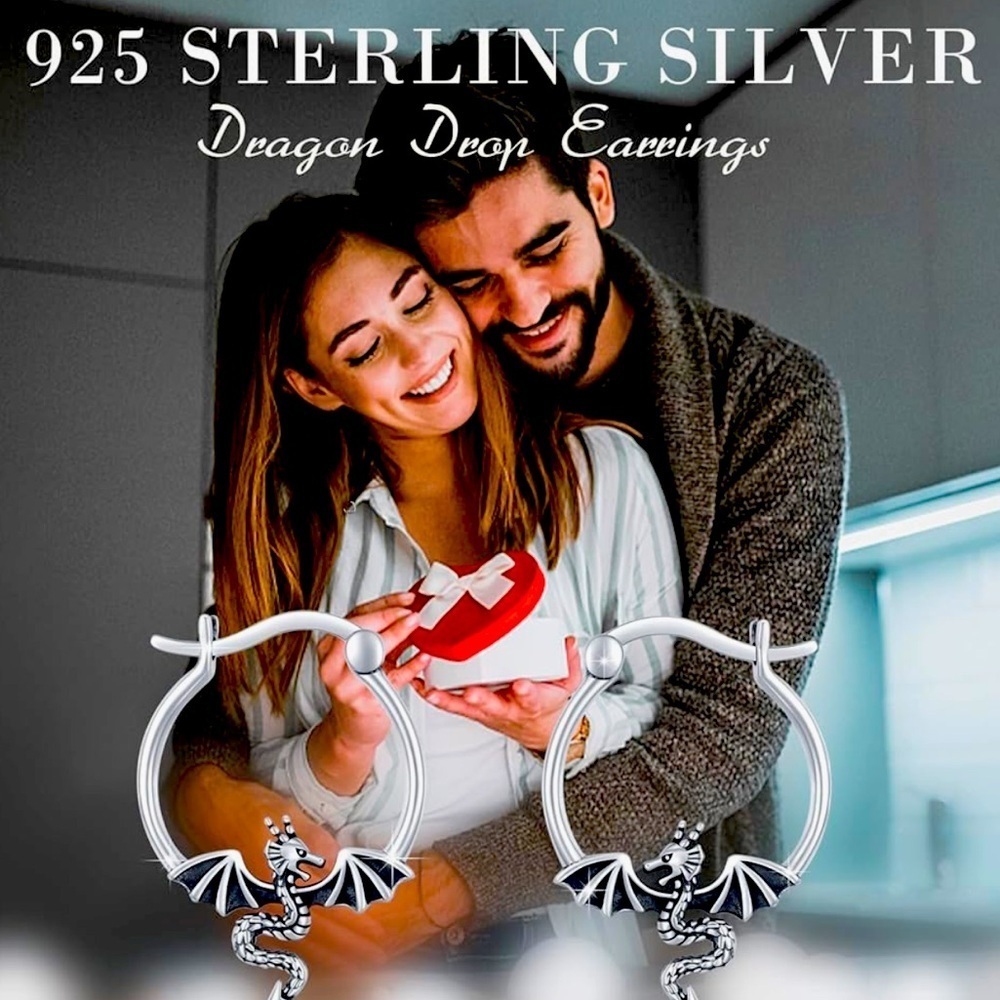 Sterling Silver 925 Hoops Drop Dragon Earrings “all silver, no black”